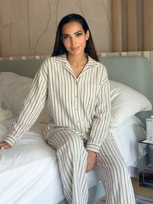 Alya Khalil 秋冬新款女款寬鬆休閒條紋兩件套優雅套裝 - 卡其色 - 查看 5