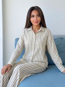 Alya Khalil 秋冬新款女款寬鬆休閒條紋兩件套優雅套裝 - 卡其色 - 查看 4