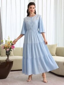Yasmyna Elegant Ruffle Trim Pleated 3/4 Sleeve Waist Cinched Flared Hem Midi Dress, Graceful & Youthful Look For Vacation - Blue - View 3