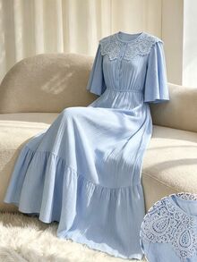Yasmyna Elegant Ruffle Trim Pleated 3/4 Sleeve Waist Cinched Flared Hem Midi Dress, Graceful & Youthful Look For Vacation - Blue - View 8
