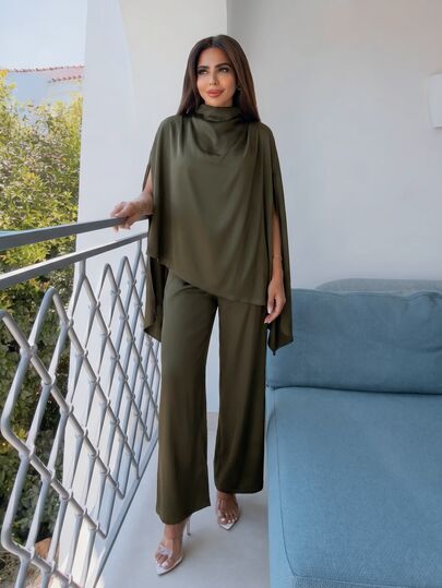 Alya Khalil Setelan Blus dan Celana Satin Hijau Zaitun Elegan untuk Wanita, Atasan Kerah Tinggi Lengan Kelelawar dengan Hem Asimetris & Celana Panjang Lurus untuk Makan Malam Musim Gugur