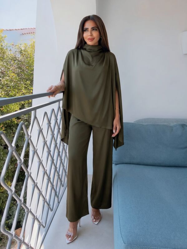 Alya Khalil Women's Elegant Olive Green Satin Blouse & Pants Sets,Mock Neck Batwing Sleeve Asymmetrical Hem Top & Straight-Leg Long Trousers For Autumn Dining