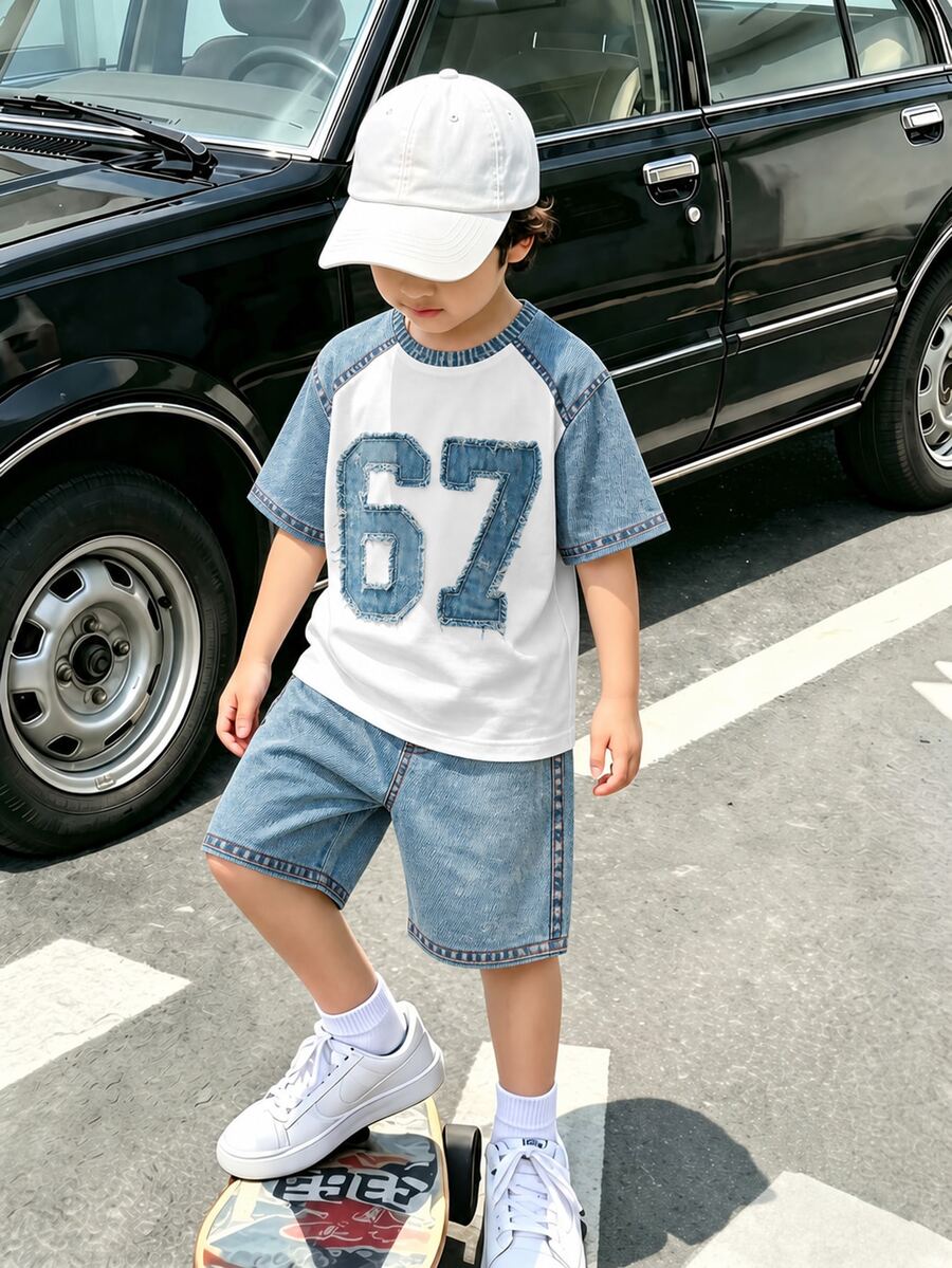Tween男孩休閒舒適時尚簡約圓領牛仔效果圖案工裝風短袖T恤與短褲2件套,67時尚返校兒童套裝 - 彩色 - 查看 1