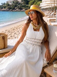 Alya Khalil Women's Off-White Pleated Texture Deep V-Neck Halter Tie-Waist Flounce Hem Shell Bead Tassel Trim A-Line Dress,Summer Boho Holiday Elegant Party - Apricot - View 2