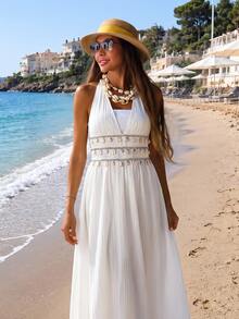 Alya Khalil Women's Off-White Pleated Texture Deep V-Neck Halter Tie-Waist Flounce Hem Shell Bead Tassel Trim A-Line Dress,Summer Boho Holiday Elegant Party - Apricot - View 5