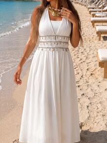 Alya Khalil Women's Off-White Pleated Texture Deep V-Neck Halter Tie-Waist Flounce Hem Shell Bead Tassel Trim A-Line Dress,Summer Boho Holiday Elegant Party - Apricot - View 6