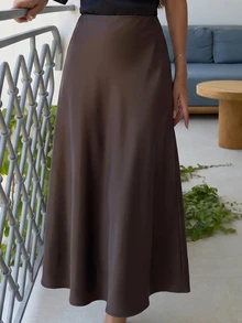 Alya Khalil 女款緞面魚尾下擺百搭裙，日常穿著，棕色夏季裙 - 咖啡棕 - 查看 5
