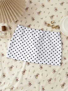 SHEIN 青少年女孩針織波點休閒修身迷你裙，內建內襯 - 白色 - 查看 2