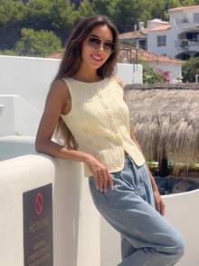 Alya Khalil 女式简约纹理前扣方领无袖衬衫，夏季 - 黃色 - 查看 5