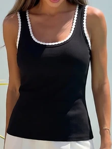 Alya Khalil Women's Holiday Summer Black Decorative Contrast Trim Casual Slim Fit Tank Top - Black - View 5