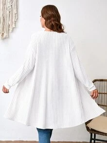 Comfylo Plus Size Plain Color Ribbed Knit Coat For Spring And Autumn Winter - White - View 2
