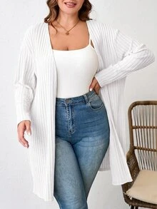 Comfylo Plus Size Plain Color Ribbed Knit Coat For Spring And Autumn Winter - White - View 6