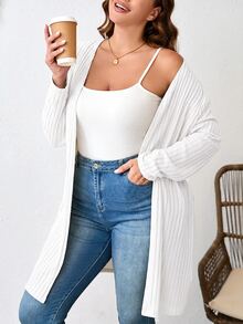 Comfylo Plus Size Plain Color Ribbed Knit Coat For Spring And Autumn Winter - White - View 3