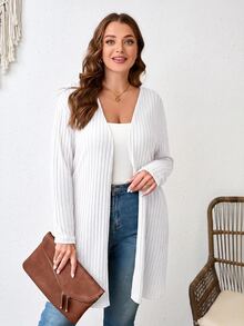 Comfylo Plus Size Plain Color Ribbed Knit Coat For Spring And Autumn Winter - White - View 5