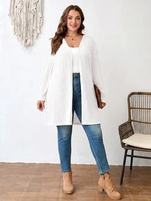 Comfylo Plus Size Plain Color Ribbed Knit Coat For Spring And Autumn Winter - White - View 4