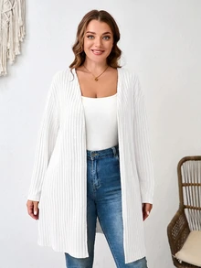 Comfylo Plus Size Plain Color Ribbed Knit Coat For Spring And Autumn Winter - White - View 7