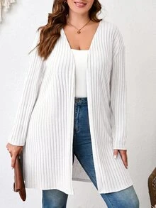 Comfylo Plus Size Plain Color Ribbed Knit Coat For Spring And Autumn Winter - White - View 1