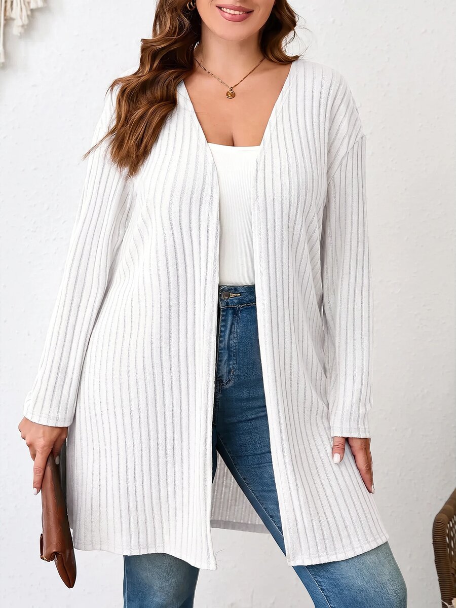 Comfylo Plus Size Plain Color Ribbed Knit Coat For Spring And Autumn Winter - White - View 1