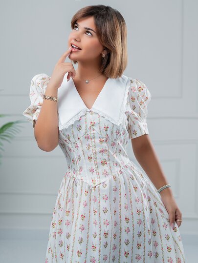 SARA VAULT Vintage Oil Painting Floral Print Midi Dress,Beige Summer Cottage Core Women's Notched Collar Puff Sleeve French Milkmaid Dress For Picnic Elegant