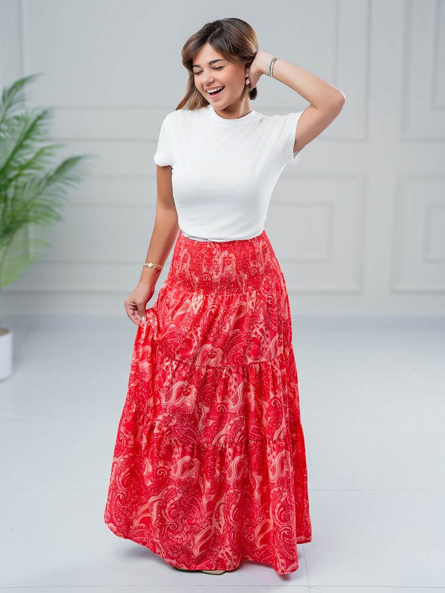 SARA VAULT Women's Bohemian Print Skirt, Casual Holiday Daily Wear Vacation Summer - Hot Pink - View 1
