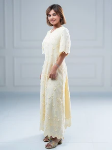 SARA VAULT V-Neck Short Sleeve Embroidered Flare Dress, Fashion Resort Wear, Spring/Summer Fall - Yellow - View 6