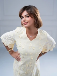 SARA VAULT V-Neck Short Sleeve Embroidered Flare Dress, Fashion Resort Wear, Spring/Summer Fall - Yellow - View 2