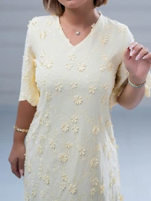 SARA VAULT V-Neck Short Sleeve Embroidered Flare Dress, Fashion Resort Wear, Spring/Summer Fall - Yellow - View 5