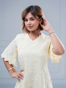SARA VAULT V-Neck Short Sleeve Embroidered Flare Dress, Fashion Resort Wear, Spring/Summer Fall - Yellow - View 4