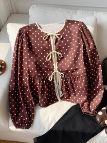 Comfortcana 女款秋季休閒法式可愛棕色與白色波點印花前綁帶襯衫上衣 2000年代風格 工作早午餐上衣 - 棕色 - 查看 4