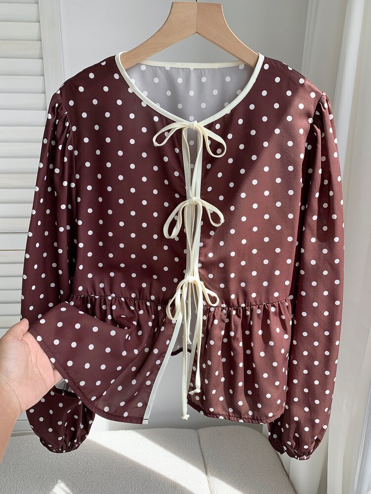 Comfortcana Women's Fall Casual French Cute Brown And White Polka Dot Print Tie-Front Blouse Dress Shirt 2000s Style Work Brunch Tops - Brown - View 8