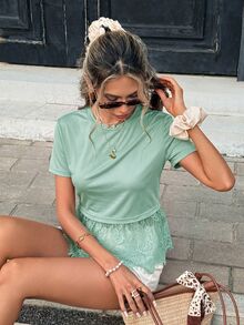 Serisse 女款時尚街頭風蕾絲拼接圓領短袖T恤 - 薄荷綠 - 查看 9
