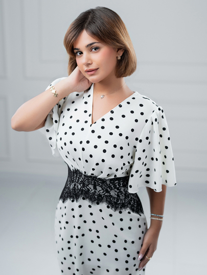 SARA VAULT V-Neck Lace Trim Polka Dot Dress Elegant Summer