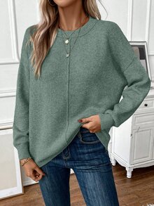 EMERY ROSE Suéter holgado de unicolor con hombros caídos, suéter de punto para otoño e invierno para mujer - verde menta - Ver 4