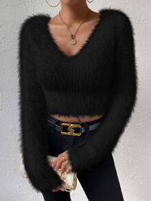 Zolique Solid V Neck Crop Fuzzy Sweater,Long Sleeve Tops Knit Pullover Fall Winter Sweater - Black - View 6