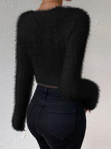 Zolique Solid V Neck Crop Fuzzy Sweater,Long Sleeve Tops Knit Pullover Fall Winter Sweater - Black - View 2
