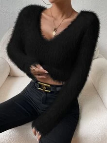 Zolique Solid V Neck Crop Fuzzy Sweater,Long Sleeve Tops Knit Pullover Fall Winter Sweater - Black - View 3