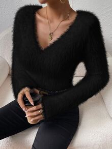Zolique Solid V Neck Crop Fuzzy Sweater,Long Sleeve Tops Knit Pullover Fall Winter Sweater - Black - View 4