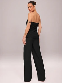 Silquee Set Atasan Tube Top dengan Hem Asimetris Elegan untuk Wanita dan Celana Panjang Lurus - Hitam - View 2