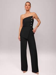 Silquee Set Atasan Tube Top dengan Hem Asimetris Elegan untuk Wanita dan Celana Panjang Lurus - Hitam - View 7