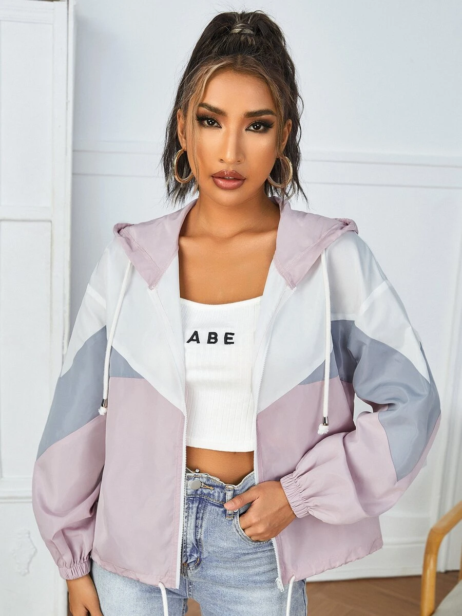 SHEIN PETITE Color Block Drop Shoulder Zip Up Drawstring Hooded Jacket In Fall/Winter ,Petite Women - Multicolor - View 1
