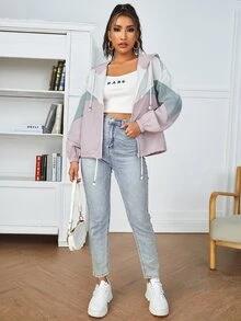 SHEIN PETITE Color Block Drop Shoulder Zip Up Drawstring Hooded Jacket In Fall/Winter ,Petite Women - Multicolor - View 4