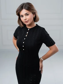 SARA VAULT Casual Fitted Round Neck Short Sleeve Knitted Half-Placket Button Design Hollow Knitted Fish Tail Hem Apricot Color Women Spring/Summer Sweater Black - Black - View 1