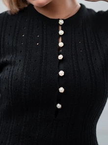 SARA VAULT Casual Fitted Round Neck Short Sleeve Knitted Half-Placket Button Design Hollow Knitted Fish Tail Hem Apricot Color Women Spring/Summer Sweater Black - Black - View 6