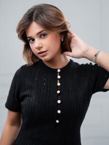 SARA VAULT Casual Fitted Round Neck Short Sleeve Knitted Half-Placket Button Design Hollow Knitted Fish Tail Hem Apricot Color Women Spring/Summer Sweater Black - Black - View 3
