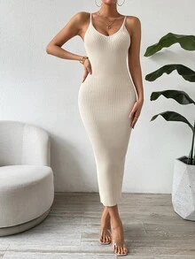 SHEIN Clasi Casual Solid Color Slim Fit Knit Tank Dress - Apricot - View 6