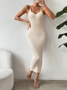SHEIN Clasi Casual Solid Color Slim Fit Knit Tank Dress - Apricot - View 7