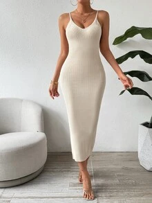 SHEIN Clasi Casual Solid Color Slim Fit Knit Tank Dress - Apricot - View 4