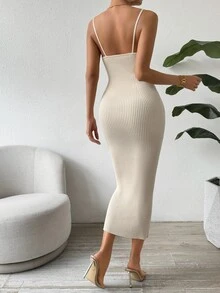 SHEIN Clasi Casual Solid Color Slim Fit Knit Tank Dress - Apricot - View 2