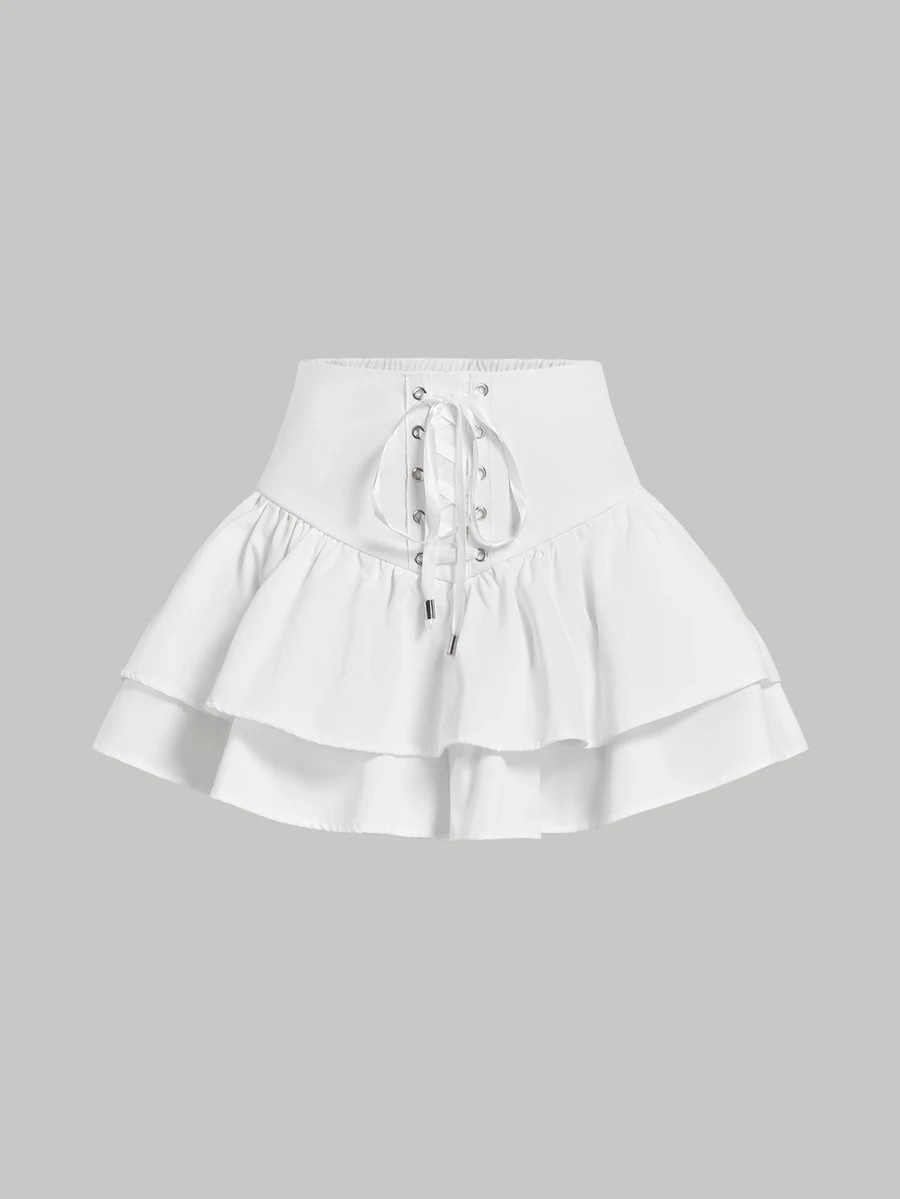 SHEIN MOD Women's Solid Color Waist Grommet Lace-Up Ruffle Hem Skort - White - View 1