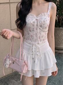 SHEIN MOD Women's Solid Color Waist Grommet Lace-Up Ruffle Hem Skort - White - View 4